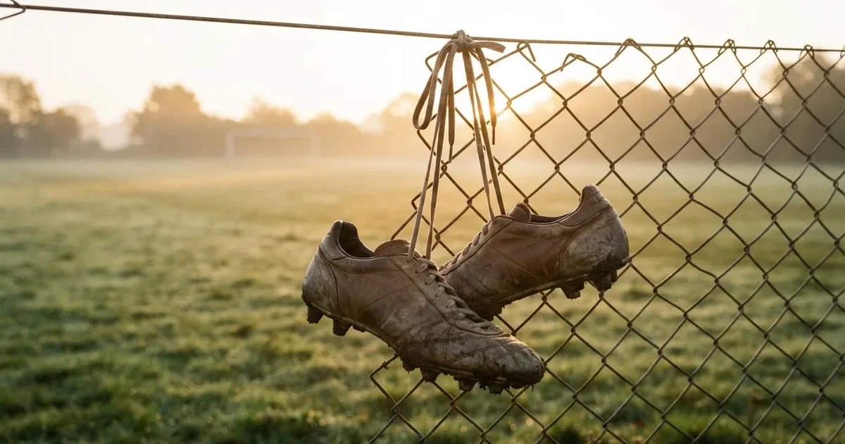 Znoszone buty piłkarskie zawieszone za sznurówki na drucianym płocie na skraju boiska treningowego o wschodzie słońca.