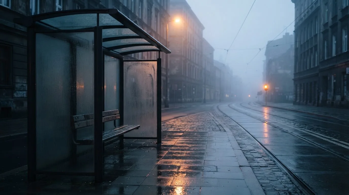 Pusta wiata przystanku tramwajowego na miejskiej ulicy o świcie, pusta ławka i mokry chodnik.