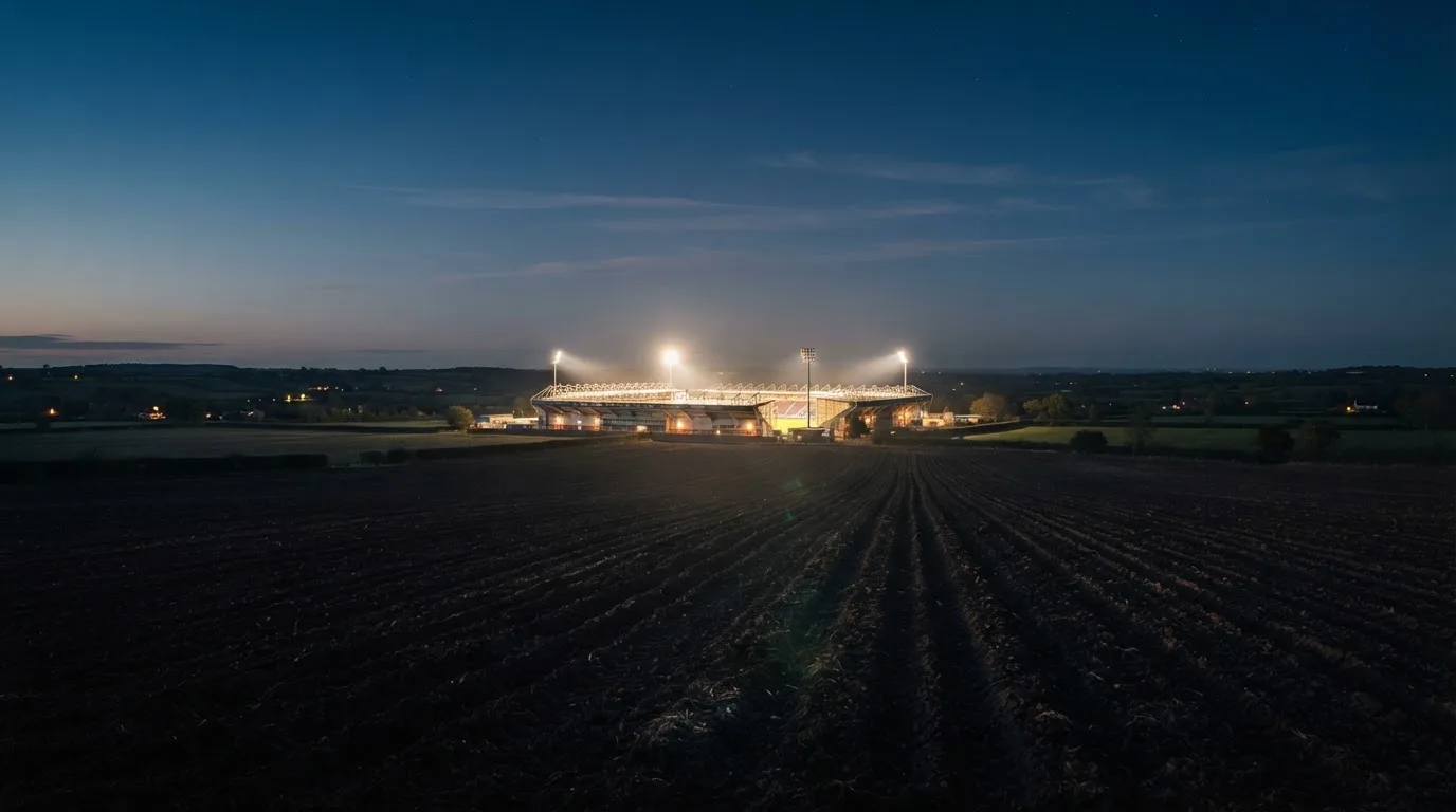 Stadion rozświetlony reflektorami widziany z daleka znad ciemnych pól w pogodny wieczór.