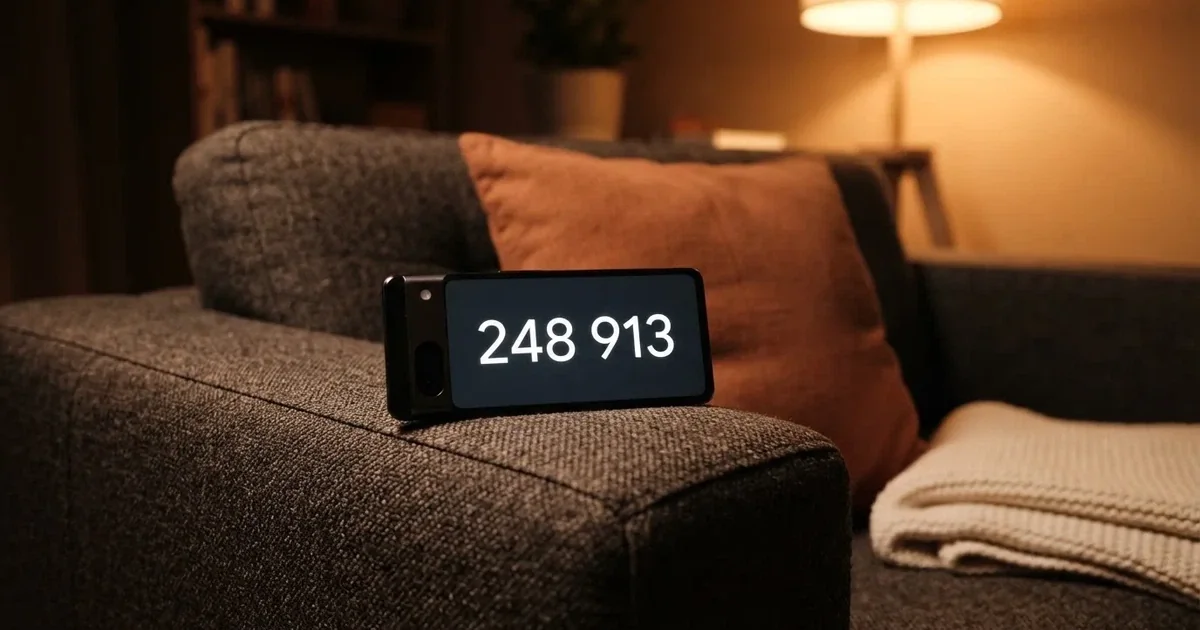 Smartfon z ciemnym wyświetlaczem leży na poręczy sofy obok poduszki w ciepłym świetle lampy.