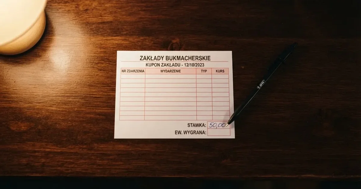 Biały papierowy kupon z pustymi polami leży na ciemnym blacie obok długopisu, widok z góry.