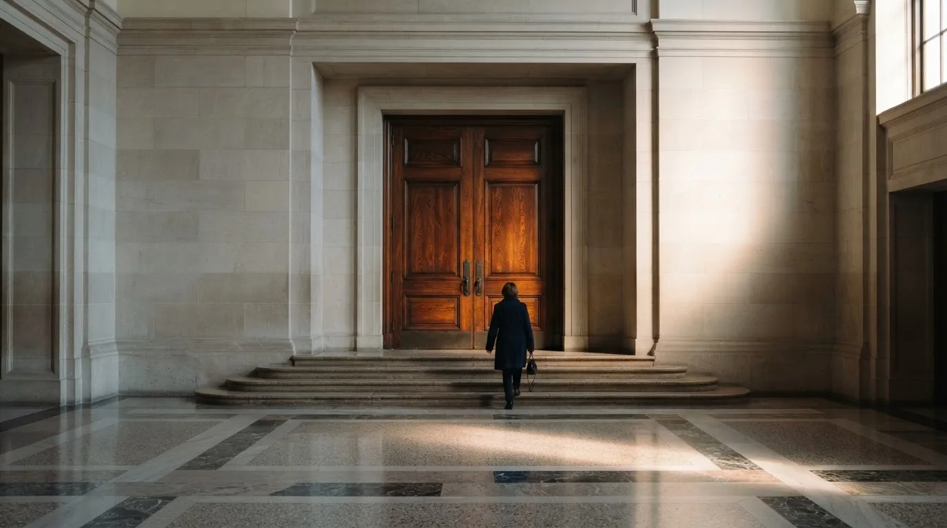 Dwuskrzydłowe drzwi z ciemnego drewna w kamiennej ścianie, przed nimi pusty hol.