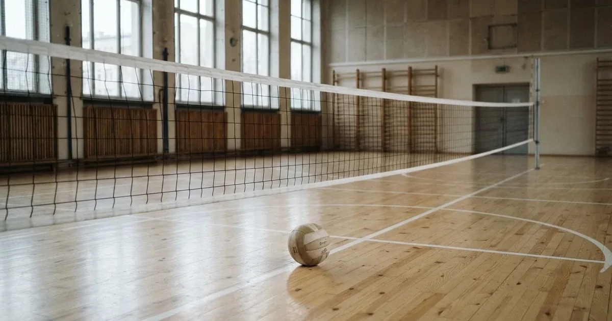Siatka do siatkówki rozpięta w pustej sali, na podłodze leży piłka.