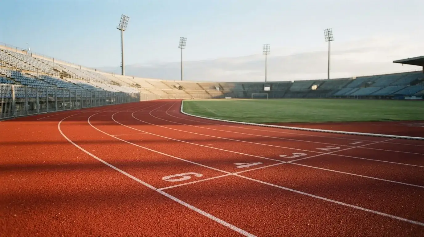Bieżnia lekkoatletyczna wygięta w łuk pustego stadionu w porannym słońcu.