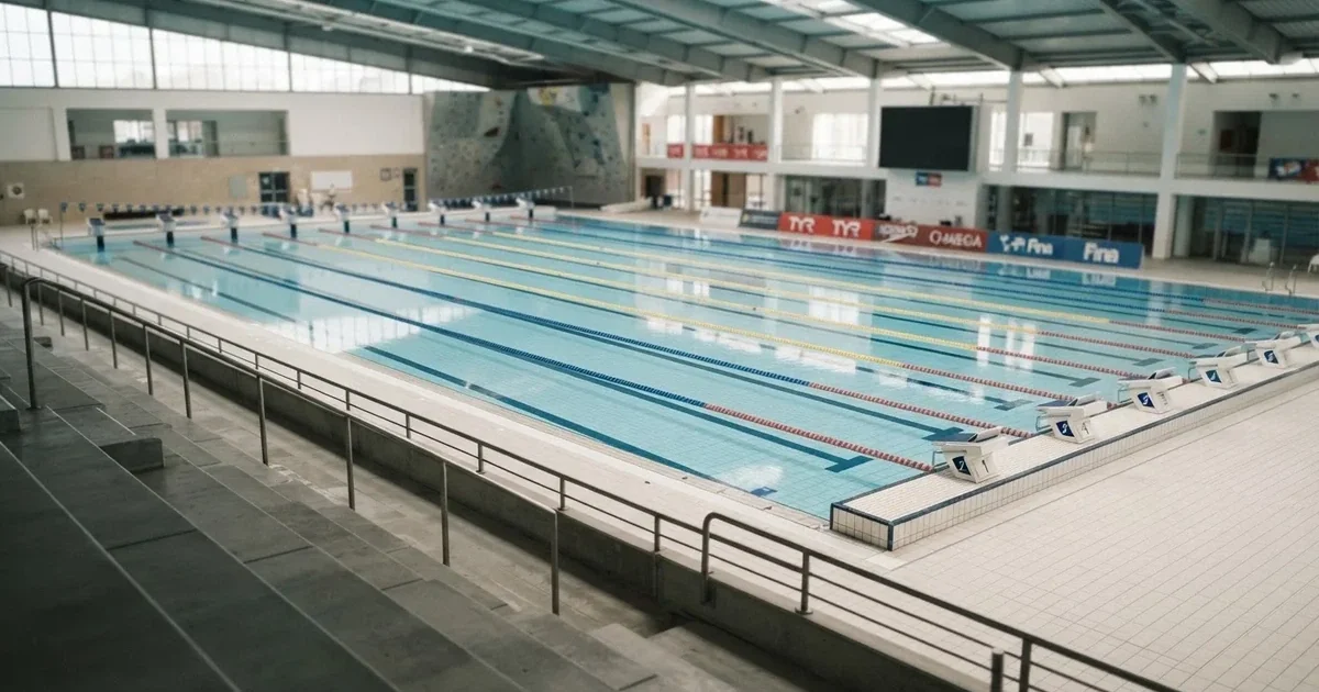 Pusty basen olimpijski z równymi torami i spokojną taflą wody, widok z trybun w jasnym świetle.