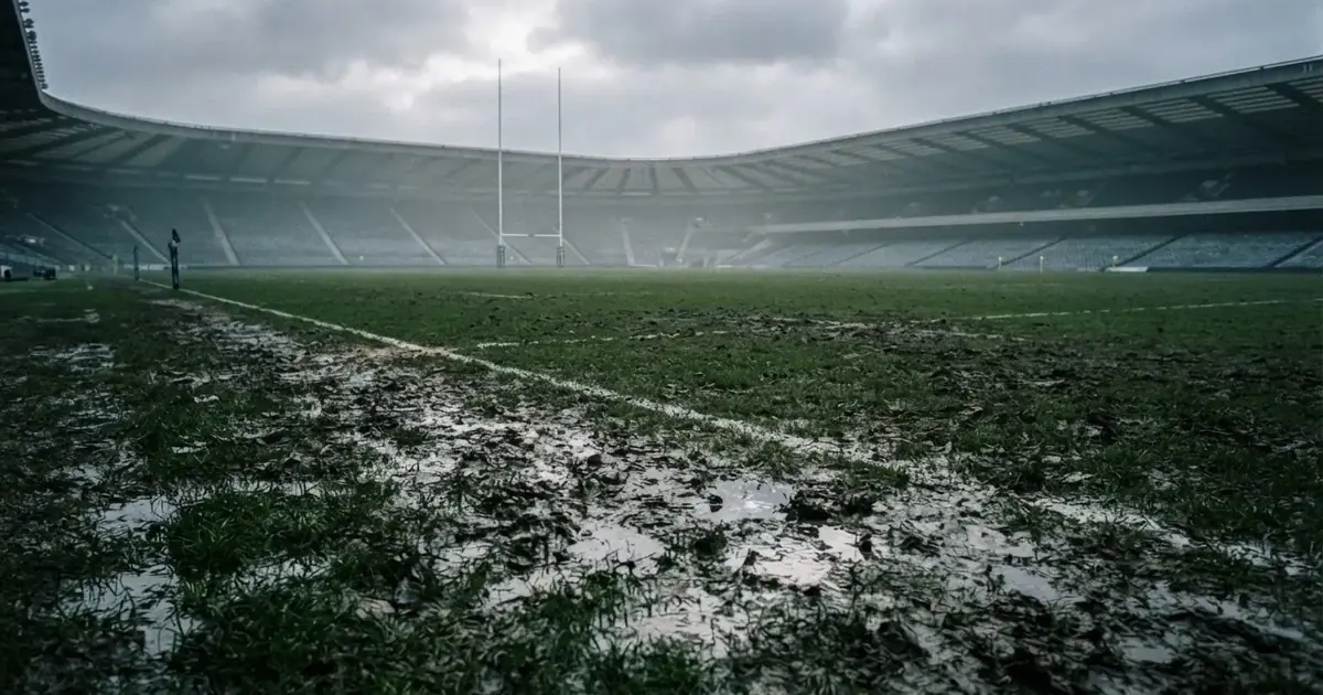 Boisko do rugby ze słupami bramki w oddali pod pochmurnym niebem, mokra trawa i ślady butów.