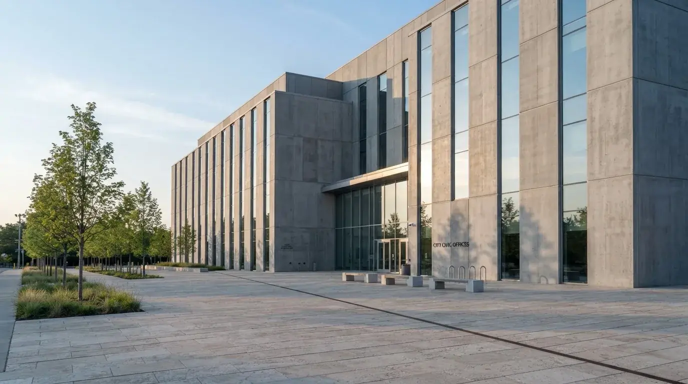 Nowoczesny budynek z szarego betonu i szkła o poranku, szeroki plac przed wejściem, żadnych przechodniów.