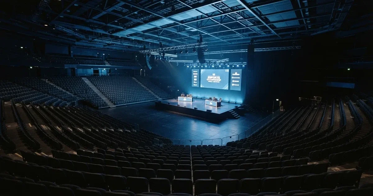 Pusta arena z półkolem siedzisk i oświetloną niebieskim światłem sceną, widok z góry na rzędy foteli.