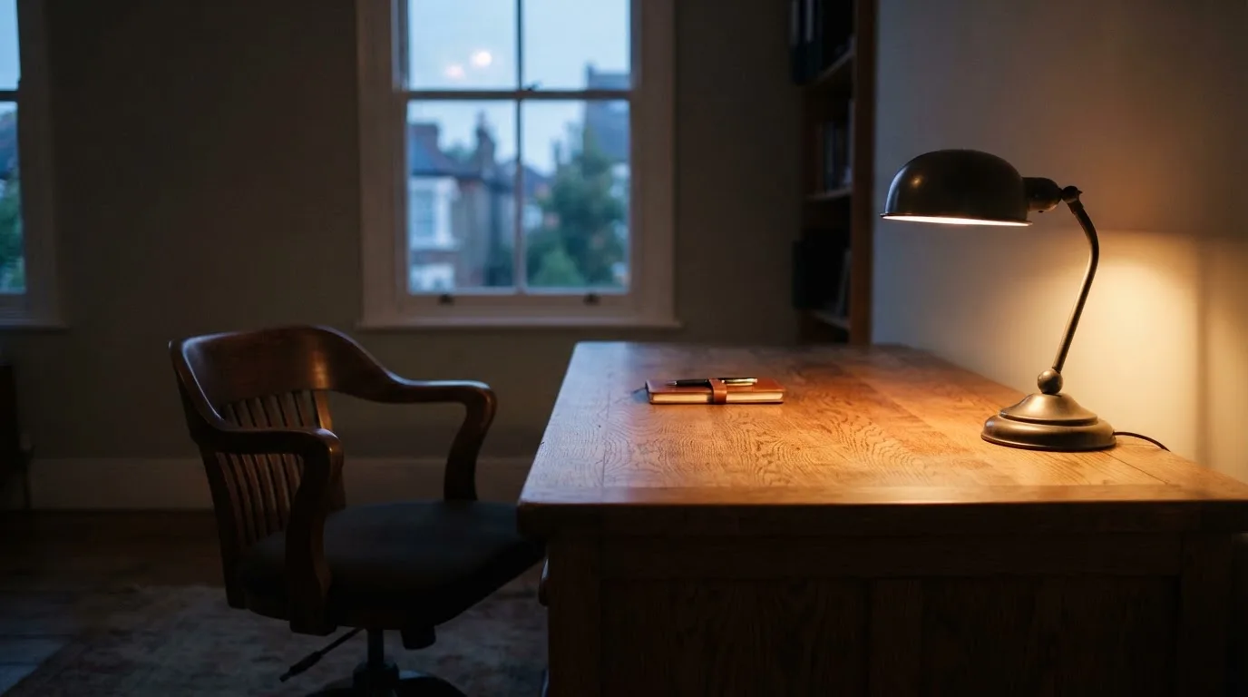 Lampa biurkowa świecąca na pustym drewnianym biurku w cichym gabinecie wieczorem, obok puste krzesło.