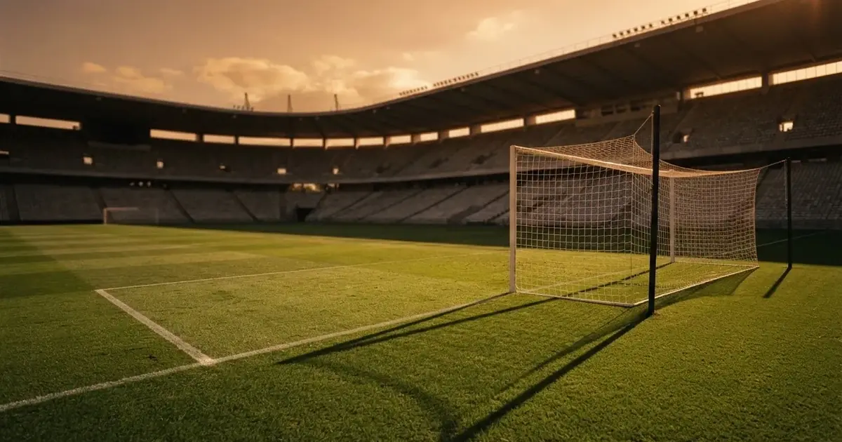 Murawa stadionu o zachodzie słońca z długimi cieniami słupków bramki, trybuny w ciepłym świetle.