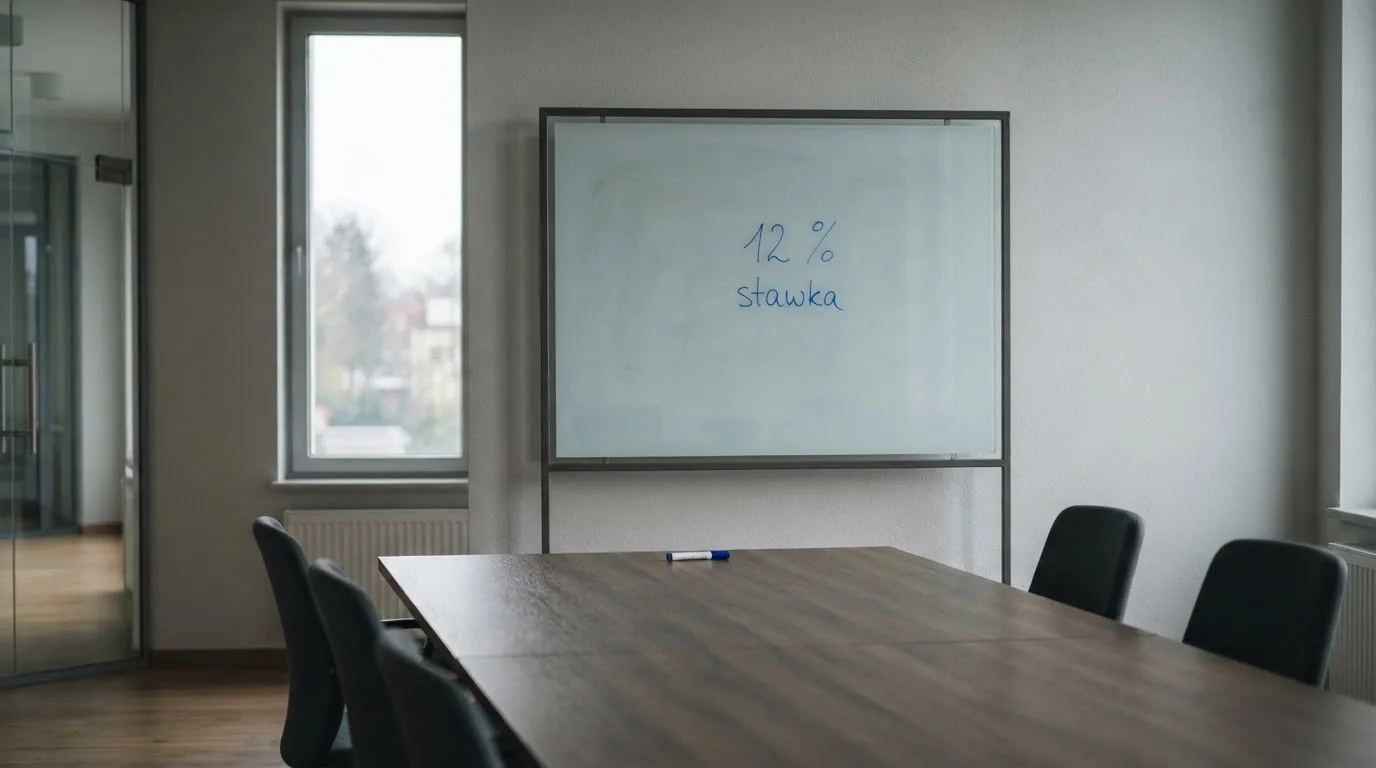 Szklana tablica suchościeralna w pustej sali konferencyjnej, lekko zakurzona, obok leży niebieski pisak.